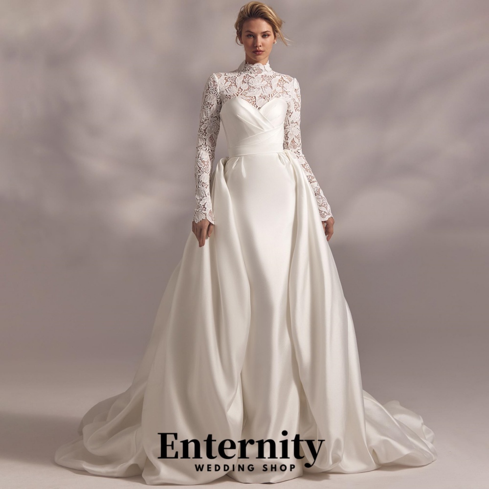 Customized Charming Zipper Wedding Dress Lace Applique Exqusite High Split Long Sleeve Bridal Gown Strap Vestidos De Novia