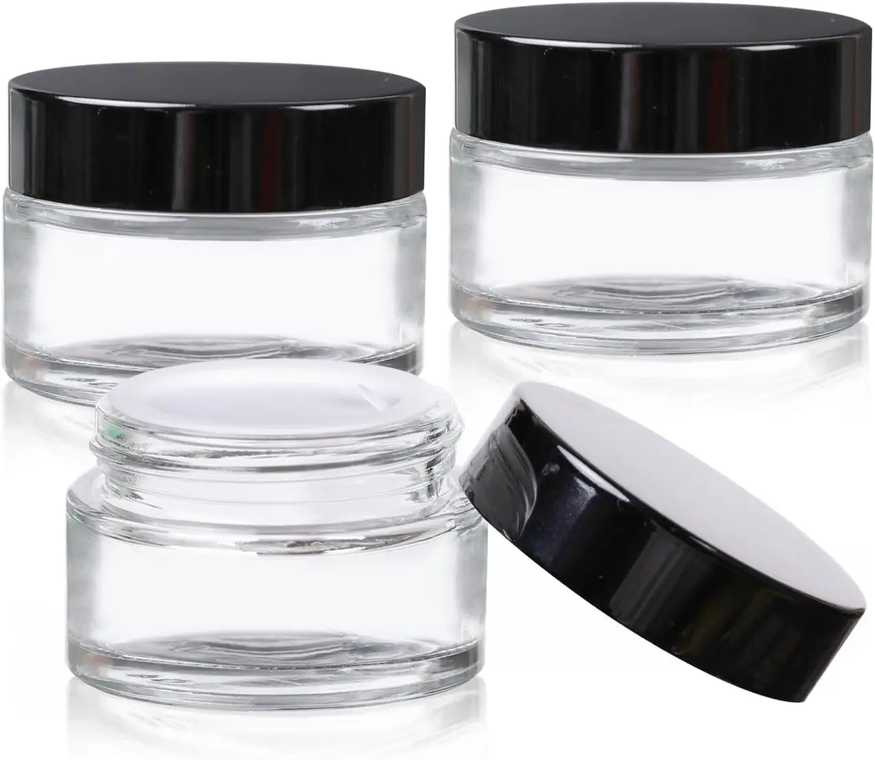 105Pcs 1.7 oz Clear Glass Cosmetic Jars with Black Lids 50ml Empty Glass Makeup Containers Vials for Travel Cream Lotion Powder
