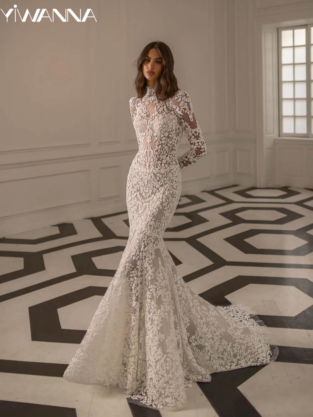 Gorgeous Beaded Mermaid Long Wedding Dress Modest High Collar Long Sleeve Bridal Gown 2025 Customized Charming Dresses For Bride