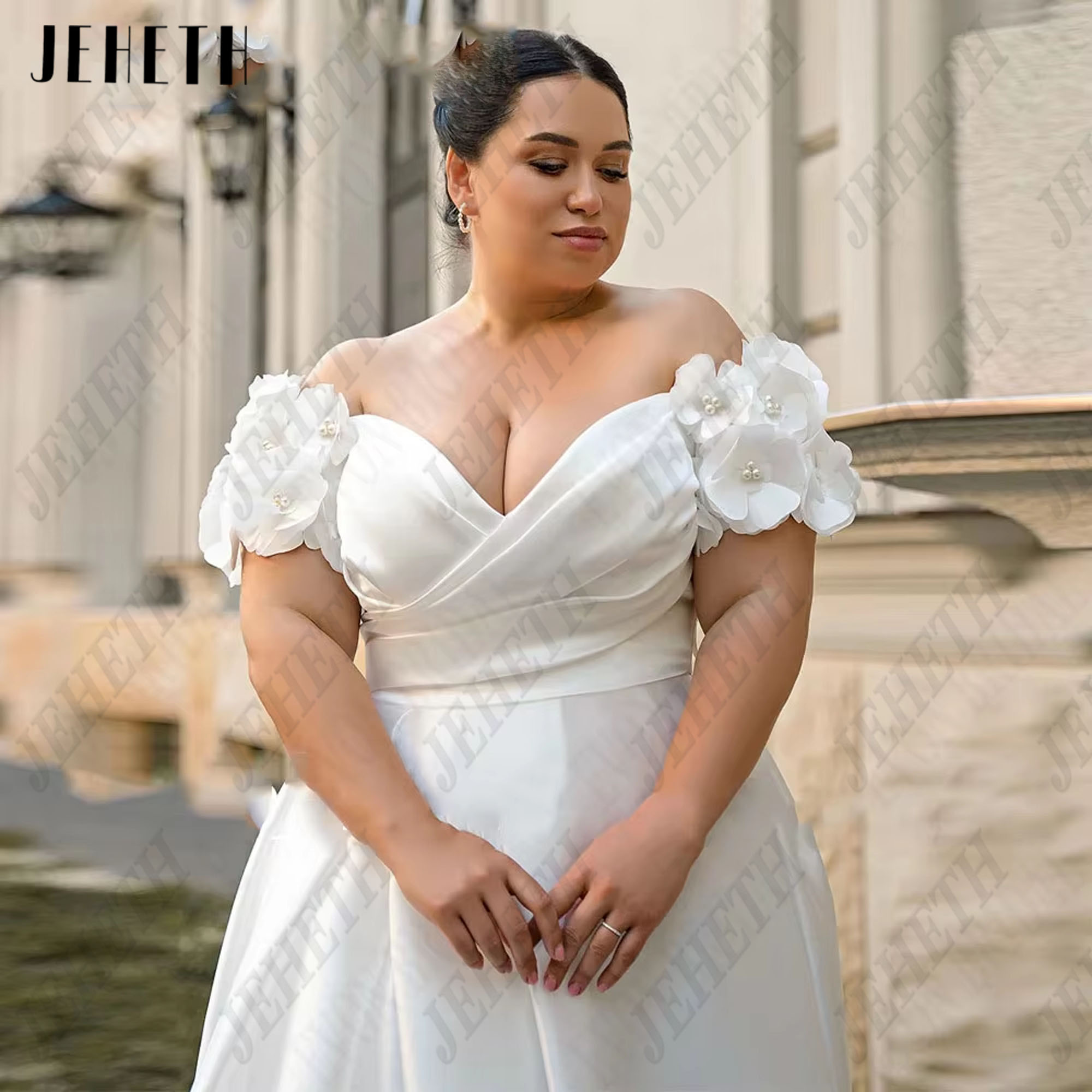 JEHETH Sexy Wedding Dress Plus Size Satin A-Line Lace Up Vestidos De Novia Off Shoulder V Neck Side Split Bridal Gown Customized