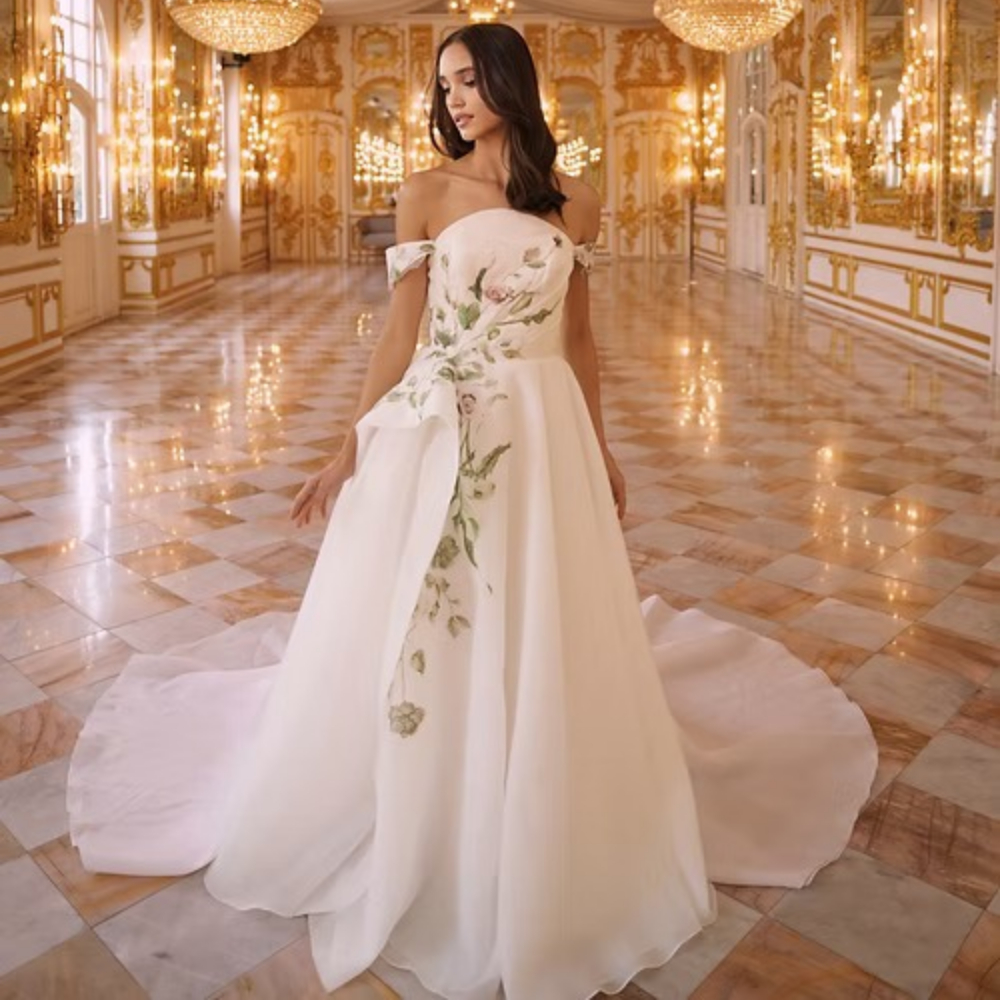 ESBRIDE Modest Wedding Dress Off The Shoulder Wedding Dress Floral  A Line  Bridal Gown Casual  Bridal Dresses Ladies Customized