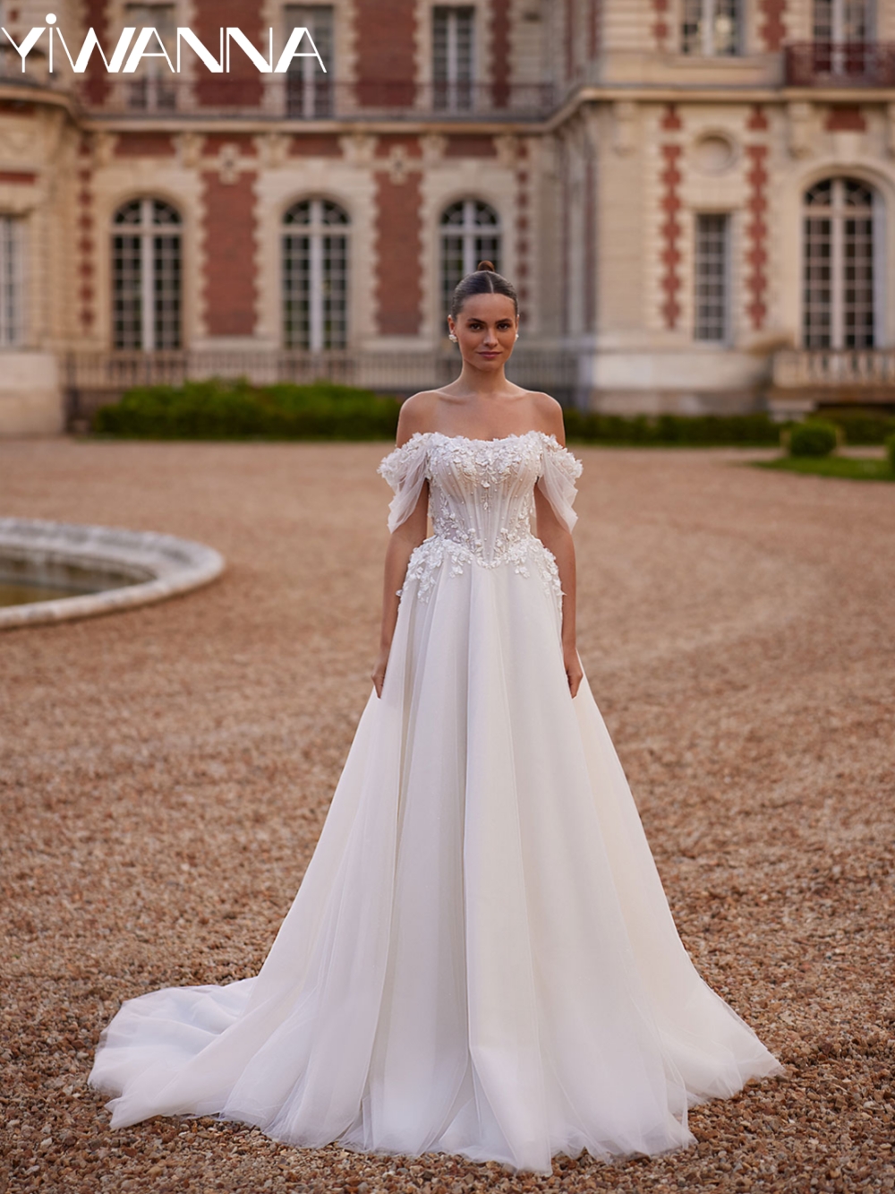 Romantic 3D Flower Off Shoulder Wedding Dress Shiny Pearls A-line Long Bridal Gown Customized Strapless Dresses For Bride