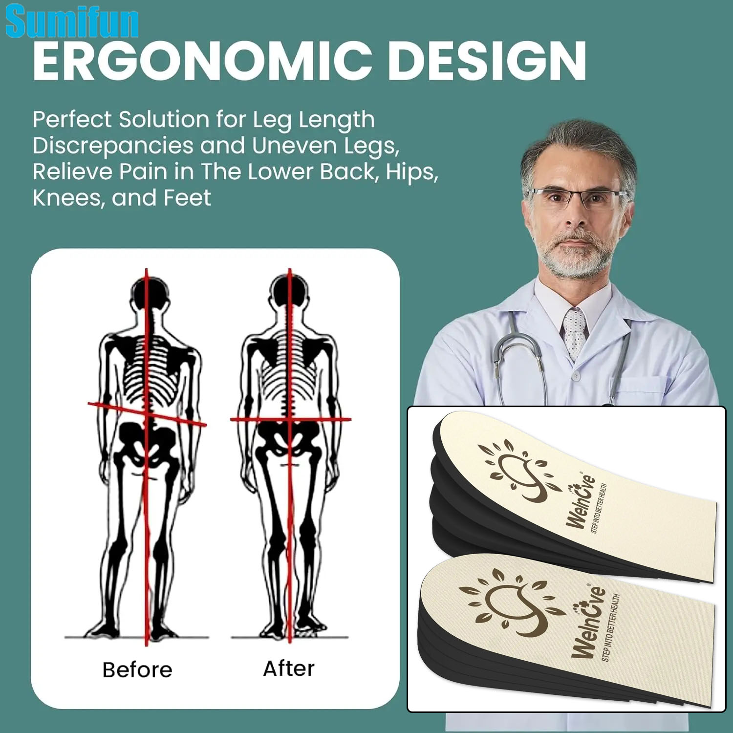 Sumifun 4 Layer Layered Corrective Insole Adjustable Orthopedic Heel Lift for Feet Arch Support Care Pad Foot Pedicure Tools