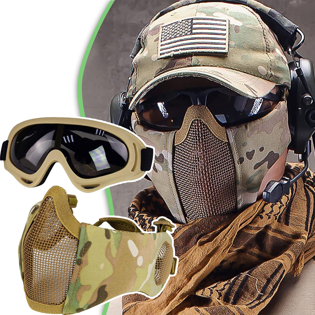 Airsoft Protective Gear Set, Half Face Mesh Mask with Ear Protection and Tactical Goggles for hunting Shooting CS Survival Games