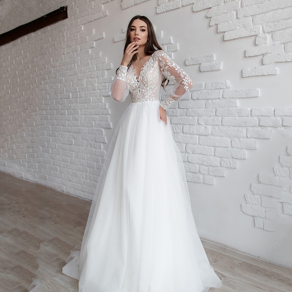Msikoods 2025 Wedding Dress Brides Gown Illusion Tulle Long Sleeve V-Neck A-Line Appliques Lace Vintage Bridal Dress Customized