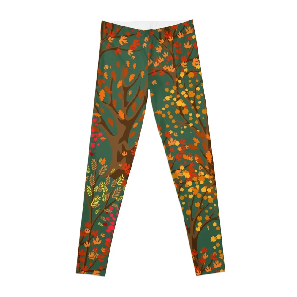 Fall Autumn Pattern- Forest Trees Red Orange Yellow Leaves, Fall Leaves Print Leggings for physical Womens Leggings