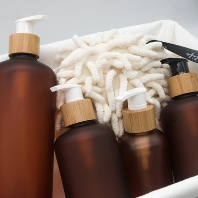 Bottle with bamboo pump lotion caps Bamboo Cap Amber Matt Black Plastic Bottle for Body Wash Shampoo Packaging Hair Conditioner