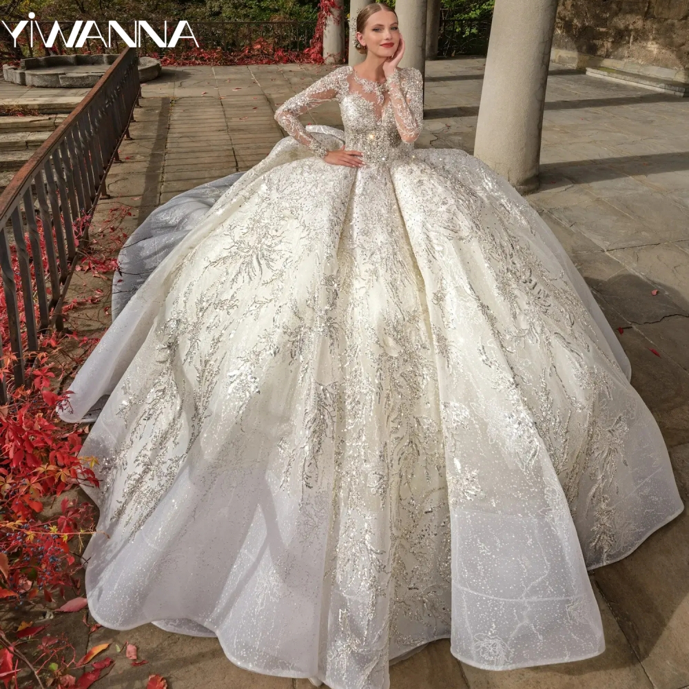 Sparkly Beaded Crystal Wedding Dress With Ruffles O-neck Long Sleeve Bridal Gown Customized Exquisite Princess Dresses For Bride