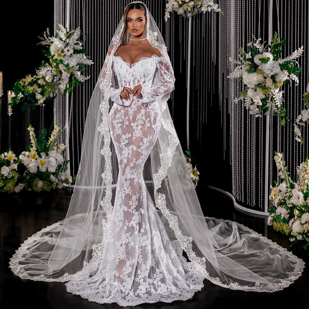 White Wedding Dresses With Veil 2025 Long Sleeves Civil Mermaid Bridal Gowns Lace Princess Vestidos Novias Boda Customized