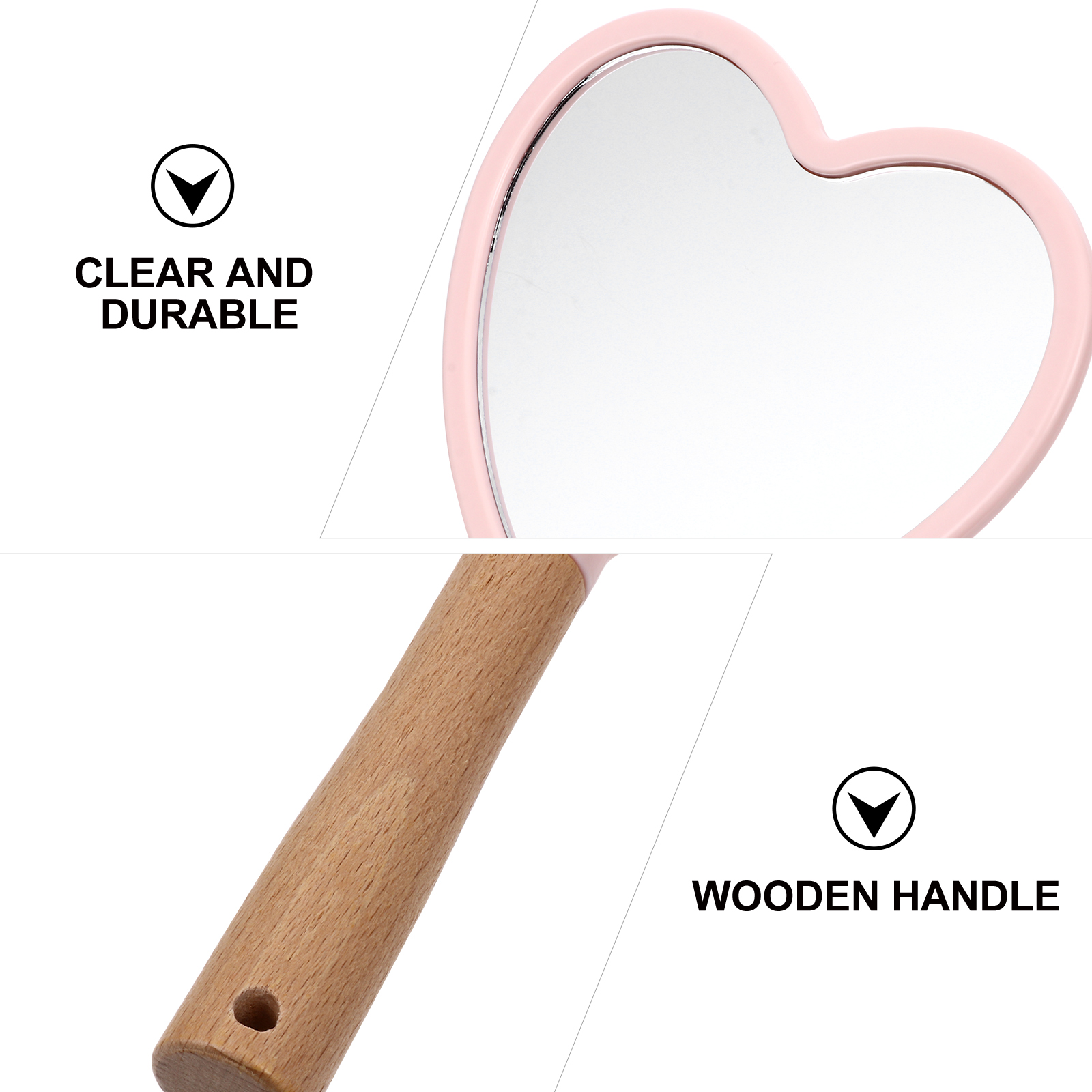 Portable Vanity for Women Heart-Shaped Makeup Small Compact Lightweight Mirror with Wood Handle for Women