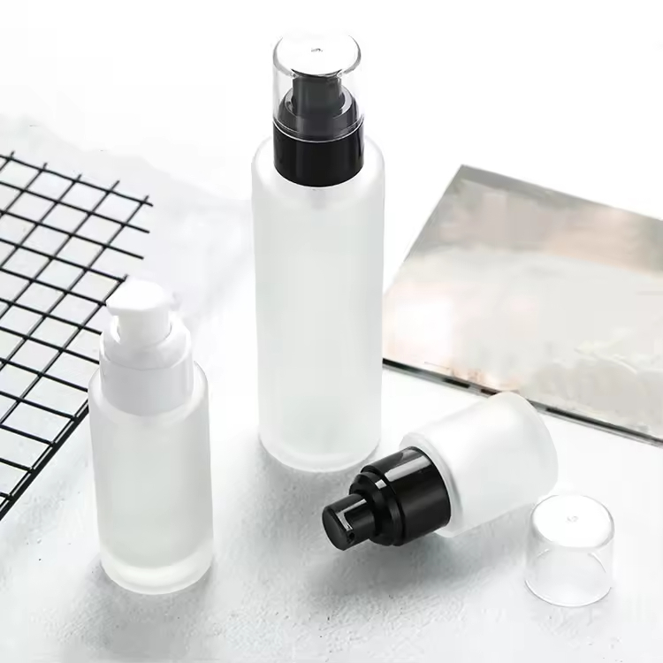 Frosted Glass Lotion Spray Press Bottles with Clear Plastic Cap Empty Shampoo Alcohol Gel Dispenser Makeup Jar Vial Pump Bottles