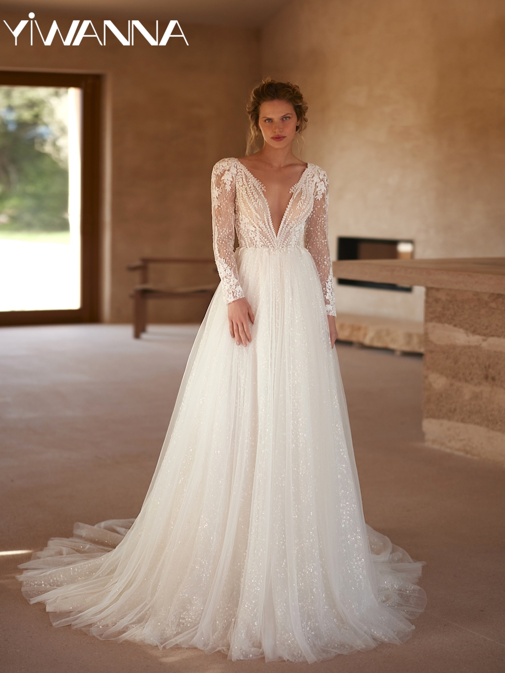 Glitter Beaded A-line Tulle Long Wedding Dress Illusion Deep V-neck Bridal Gown Customized Lace Appliques Dresses For Bride