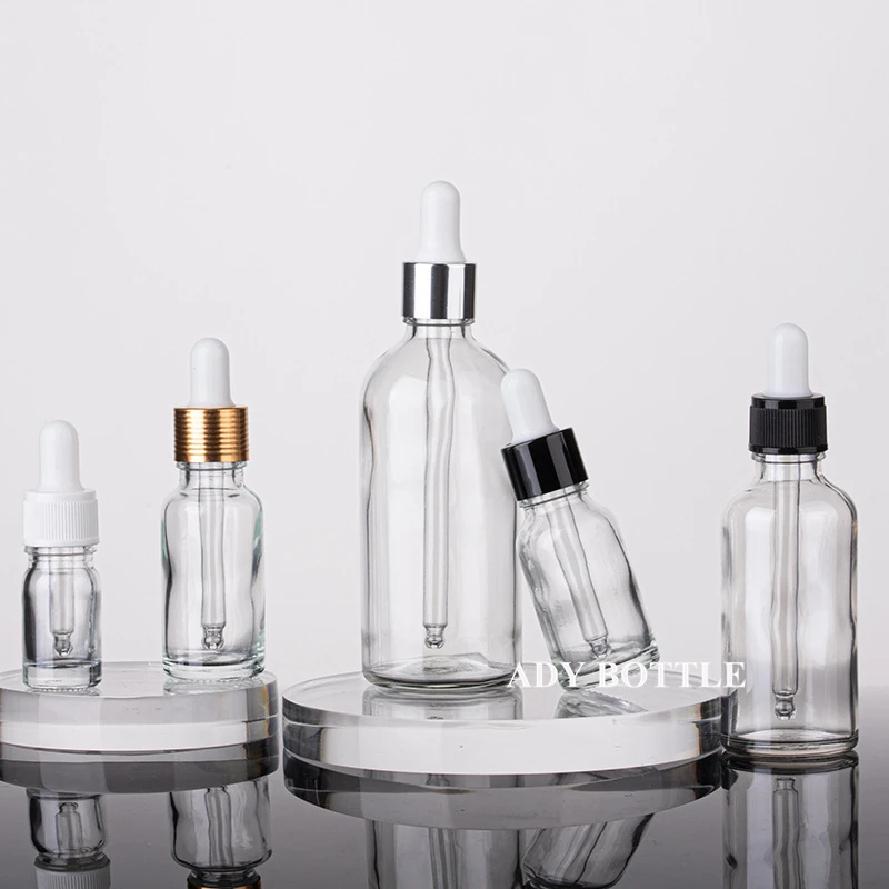 5/10/15/20/30/50/100ml Reusable Cosmetic Portable Essential Oil Bottle White Rubber Head Dropper Silver Cap Clear Container