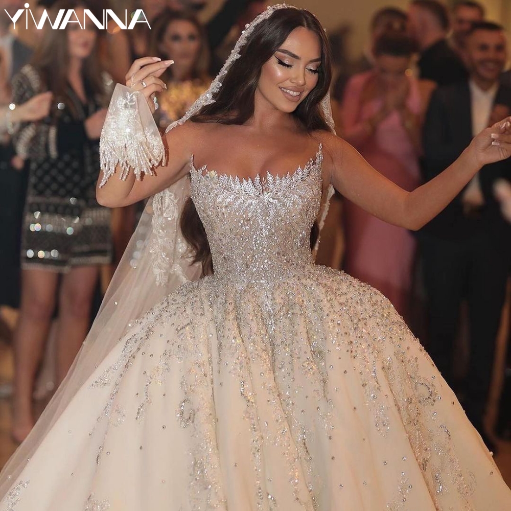 Graceful Strapless Bridal Dress Shiny Sequins Beads Wedding Gown 2024 Luxury Ball Gown Bride Robe Customized Vestido De Novia