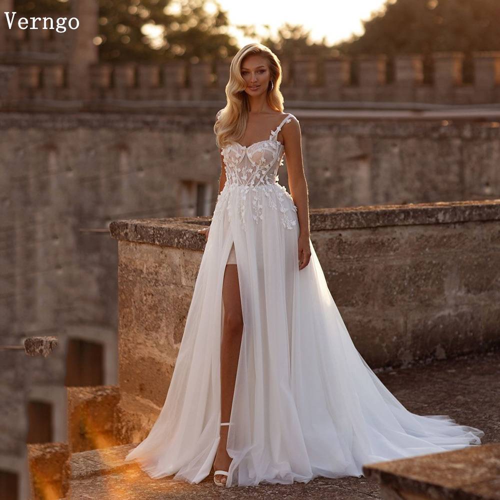 Verngo lvory Tulle Appliques Wedding Dress Sweetheart A Line Side Slit Bridal Gowns Women Elegant Side Slit Bride Dress