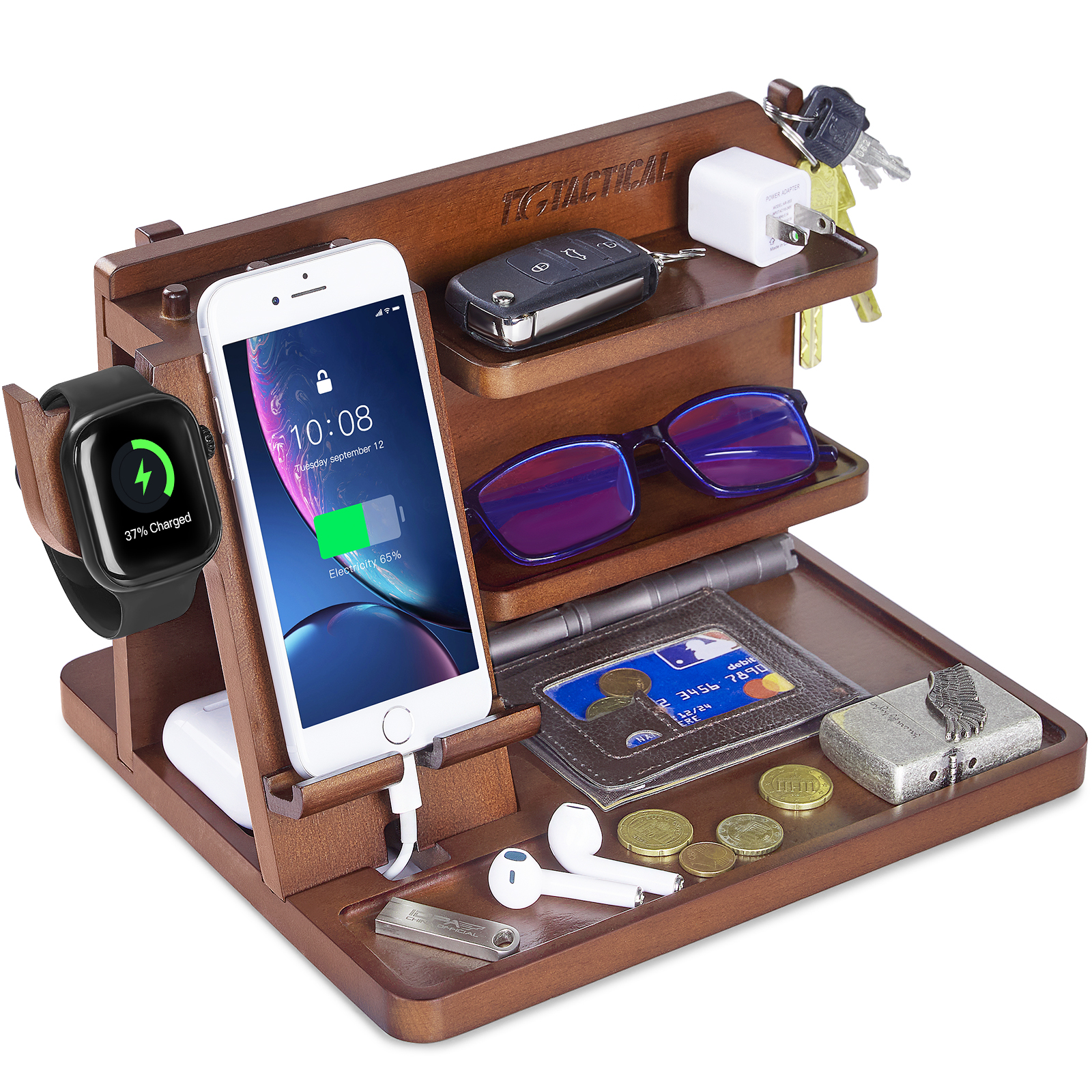 Nightstand Organizer, Wood Phone Docking Station with Adjustable Rack, Bedside Desk Organizer, EDC Tray for Men, Dads, Husbands