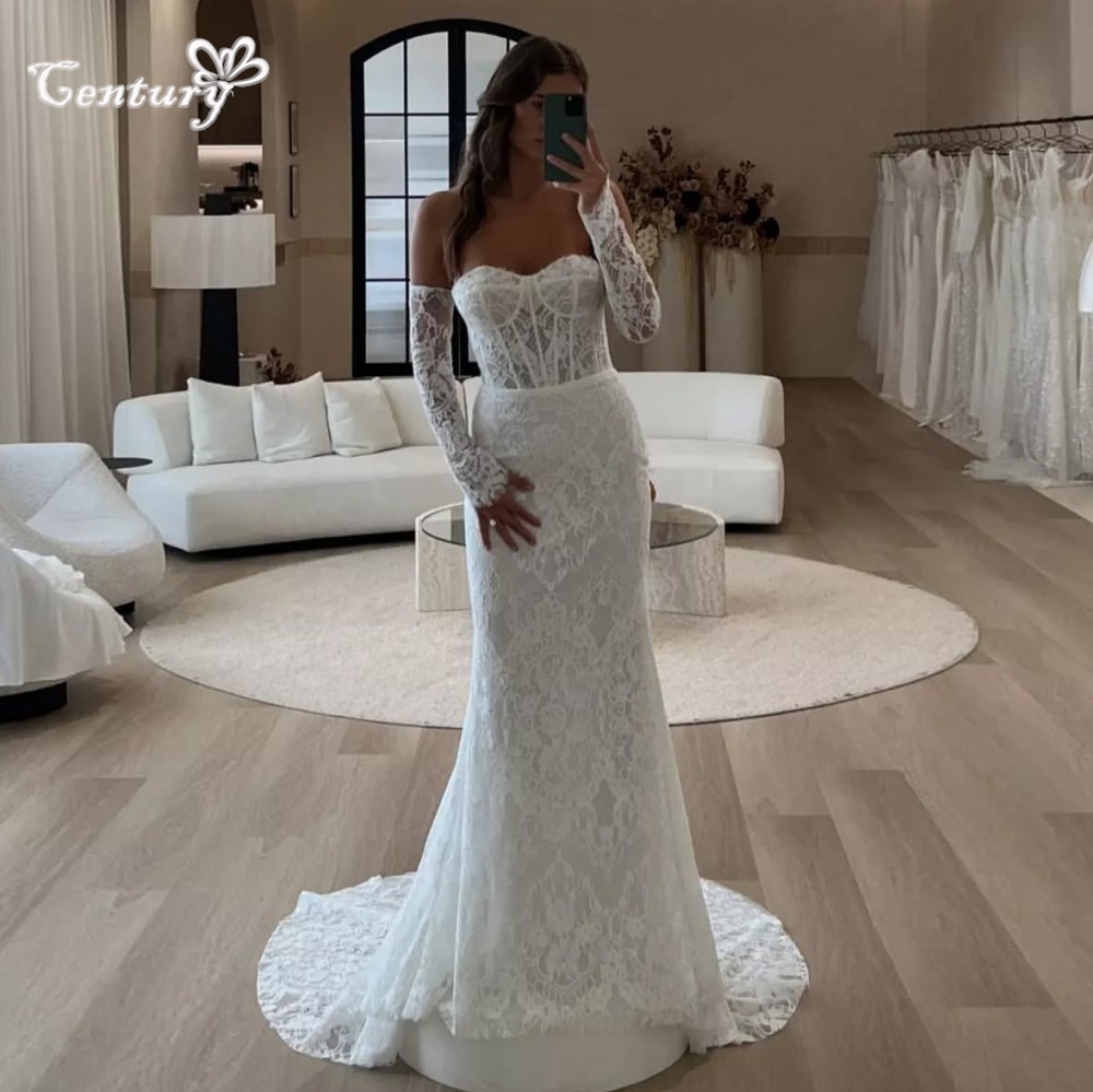 Lace Boho Wedding Dress Mermaid Long Sleeve Sweetheart Sweep Train Elegant Bridal Gowns for Bride vestido de novia Customized