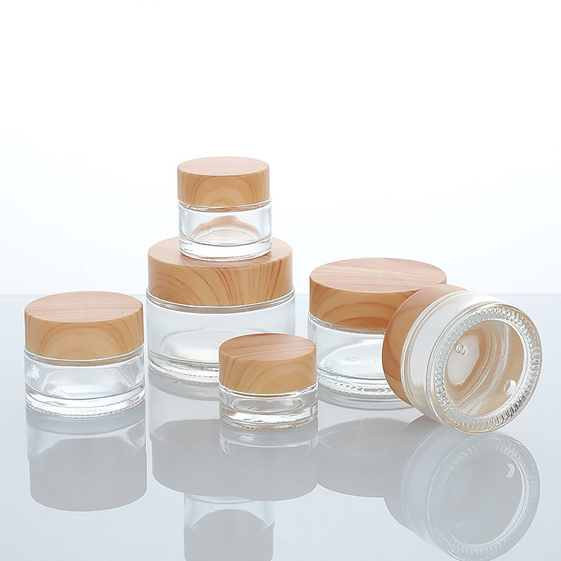 Glass Cosmetic Jars Pots Lip Mask Skin Care Cosmetic Round Face Cream Container clear Body Cream Glass Jar with Plastic Wood Lid