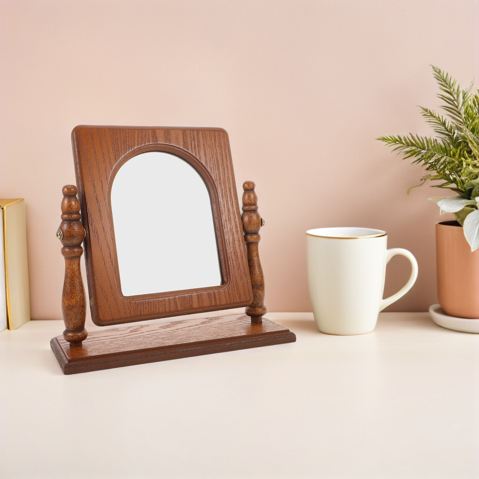 French Style Makeup Mirror Wooden Desktop Vanity Decorative Bathroom Bedroom Table Mirror Stand