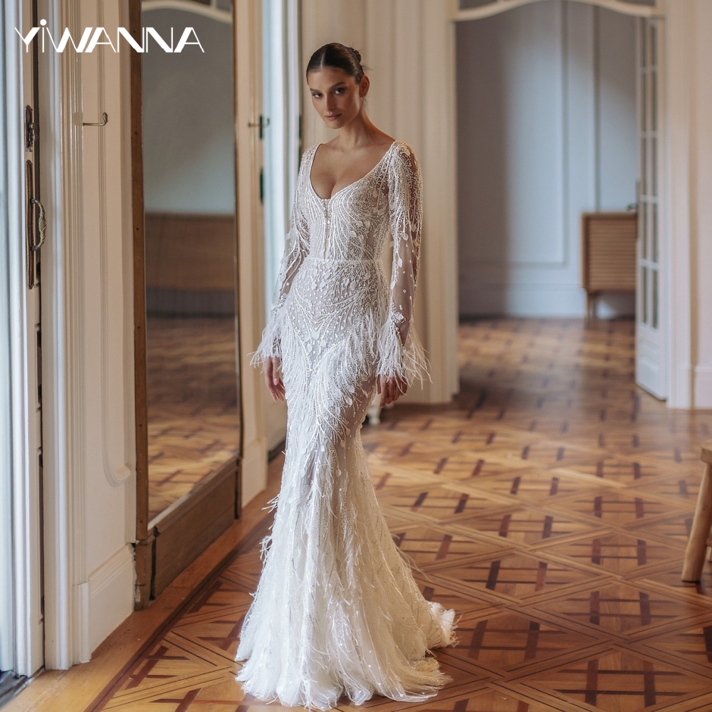 Dreamy Beaded Long Sleeve Wedding Dress Luxurious Feathers Mermaid Bridal Gown 2025 Customized Backless Dresses For Bride