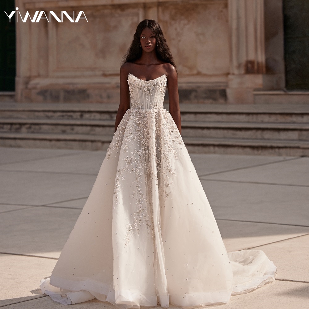 Sparkly Sequins Beads Wedding Dress Sexy Strapless Backless Bridal Gown New Arrival African Customized A-line Dresses For Bride