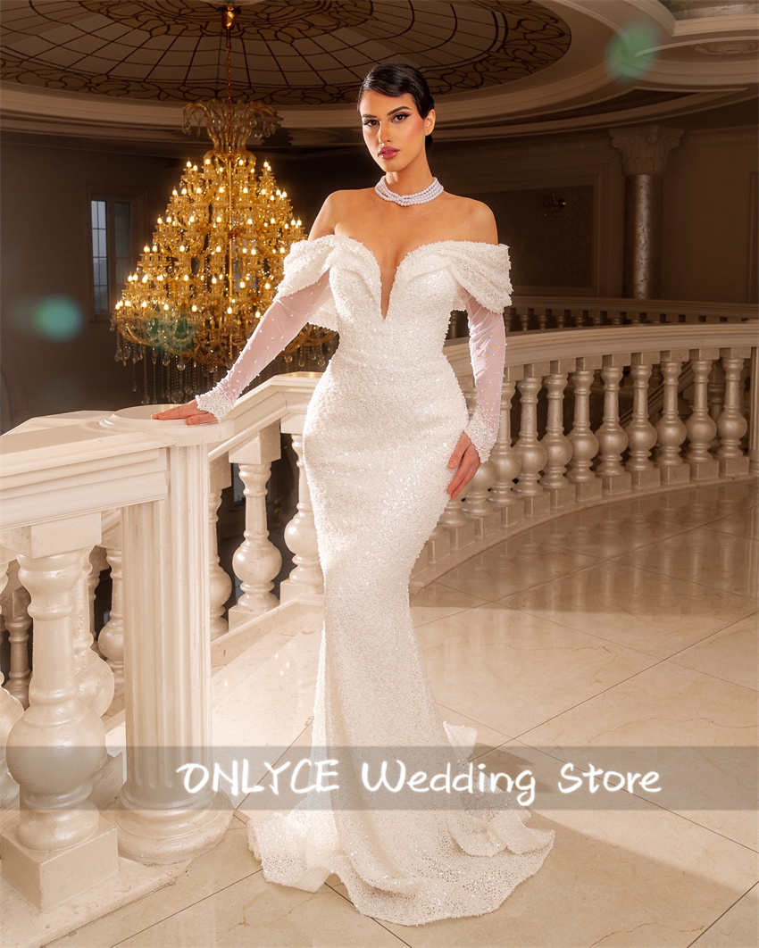 Romance Sequins Wedding Dress Luxury Women Long Sleeves Simple Bride Dresses Beading Robe De Mariee Customized