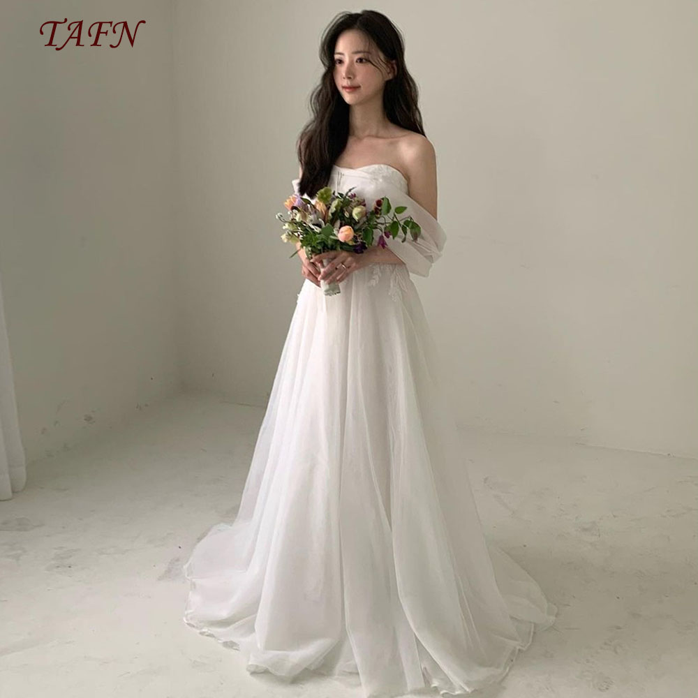 TAFN Korea Wedding Dresses Off the Shoulder A-line Floor-Length Draped Shooting Dresses Tulle Lace Customized Bridal Gown