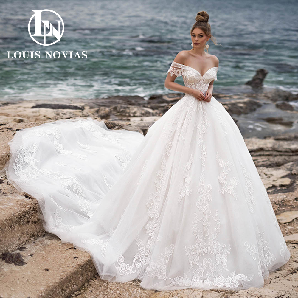 LOUIS NOVIAS Ball Gown Wedding Dress Romantic Off Shoulder Bride Dresses Princess Backless Long Train Vestidos De Novia