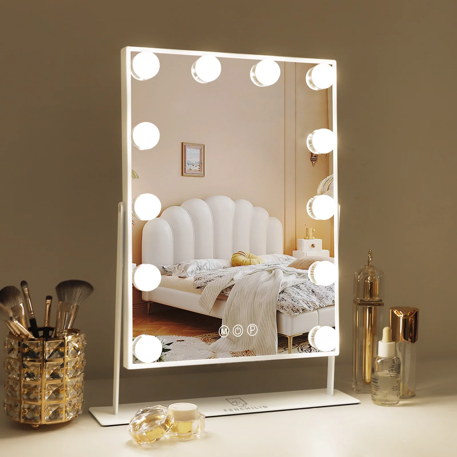 Hollywood Vanity Makeup Mirror with Lights 12 Dimmable Bulbs LED Lighted 360 Rotation 3 Color Mode Smart Touch Control Mirrors