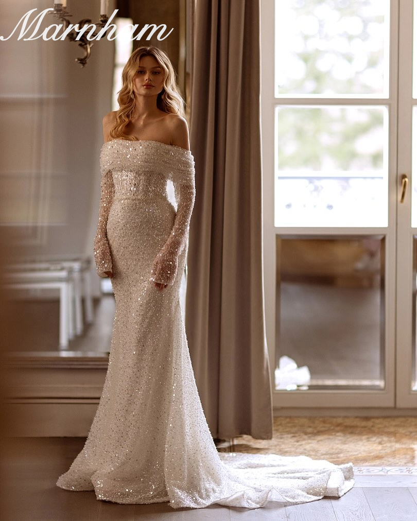 Marnham V Neck Pleat Bride Robe Illusion Mermaid Bridal Dress Sexy Pearls Wedding Gown Customized Vestido De Novia Court Train