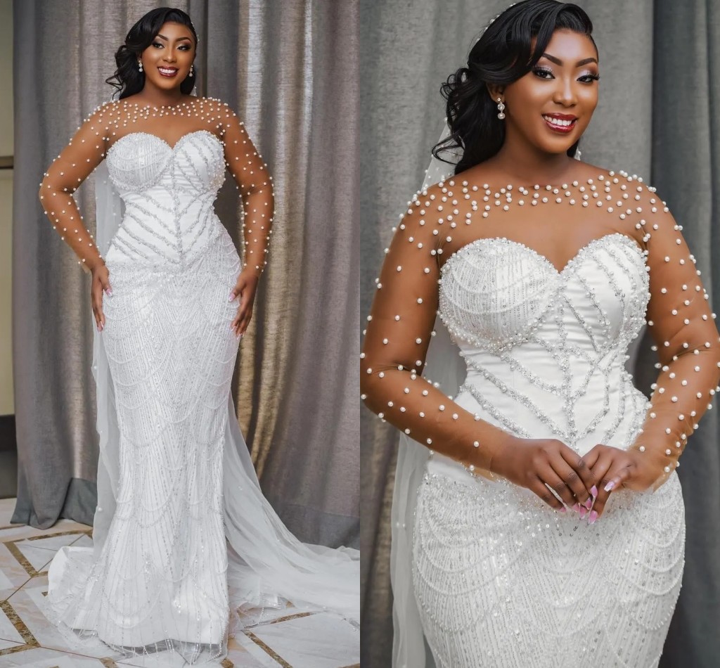 2025 Luxury Church African Wedding Dress Sheer Neck Long Sleeves Sequins Pearls Mermaid Bridal Bride Gowns Vestidos De Noiva