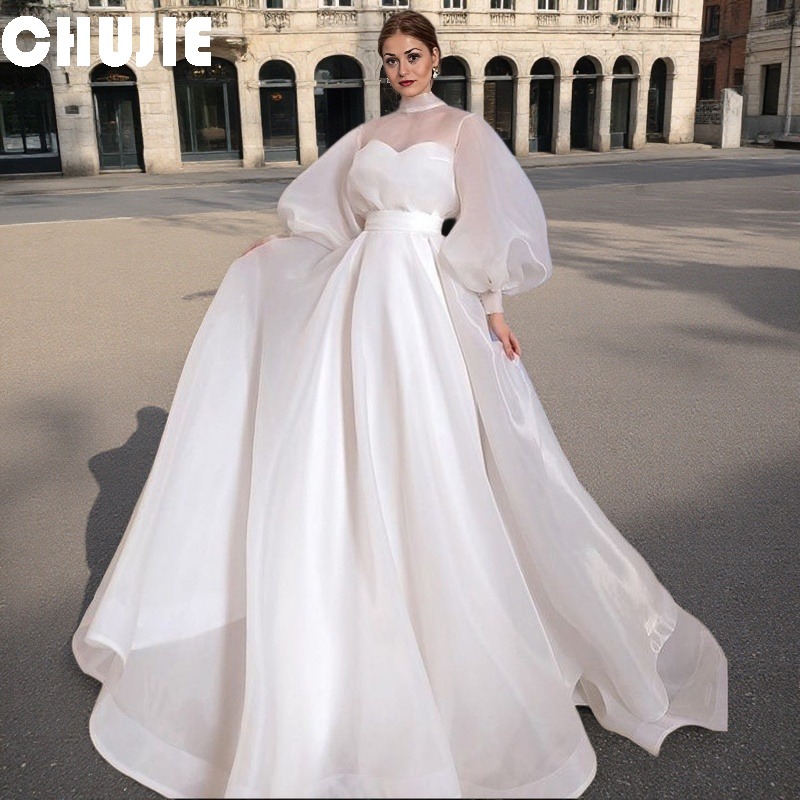 White Puffy Sleeve Wedding Dresses 2025 Hot Sale Dubai Organza Prom Dress Customized Arabia Evening Gowns Moroccan Party Dress