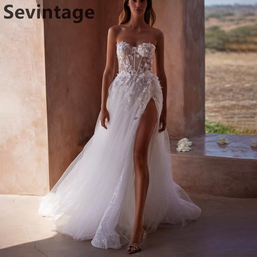 Sevintage 2025 Tulle Boho Wedding Dress Appliques Lace Sexy Slit Elegant A Line Bridal Gowns robe de mariée Customized