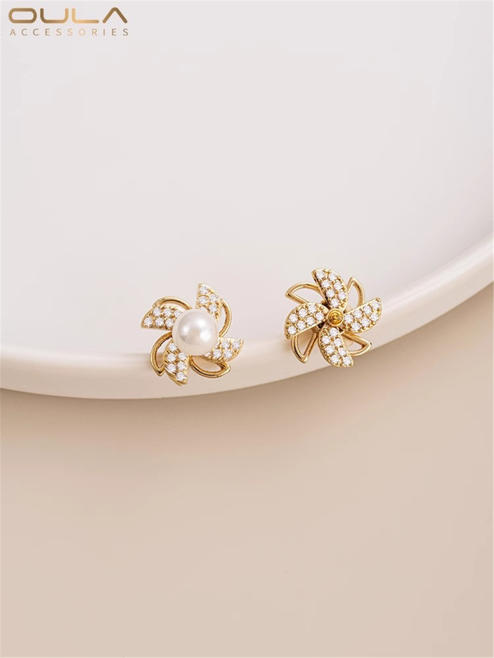 Rotary Pinwheel Studs Half Hole Pearl Bracket 925 Silver Needle Diy Delicate Temperament Earrings High Sense Earrings