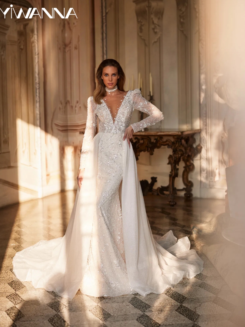 Shiny Beaded Illusion Deep V-neck Mermaid Long Wedding Dress Detachable Train Bridal Gown Customized Luxury Dresses For Bride