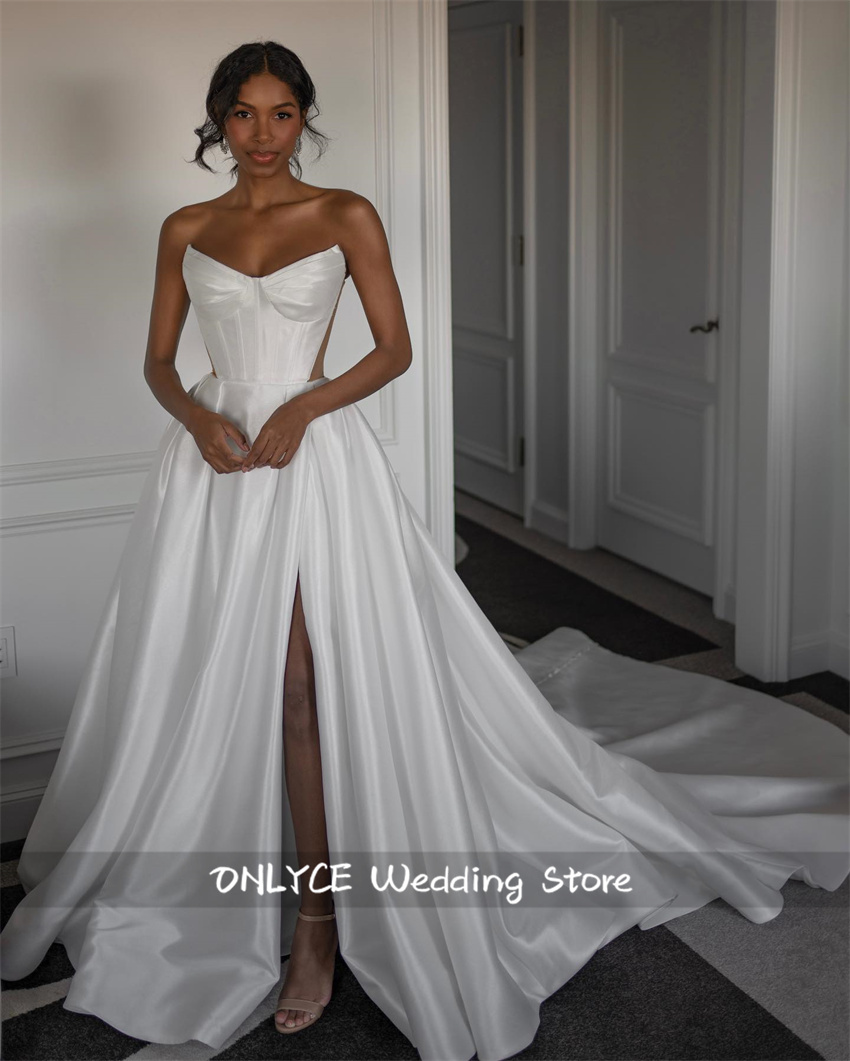 Simple Stain Strapless Mermaid Wedding Dresses 2025 Side Split Court Train Bridal Gown Vestidos De Novia Customized