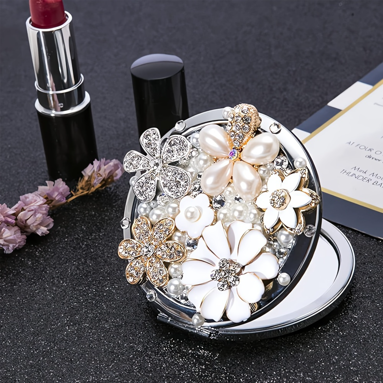 Elegant Floral Design Pocket Mirror with Sparkling Rhinestones - Dual-Sided Folding Makeup Mirror