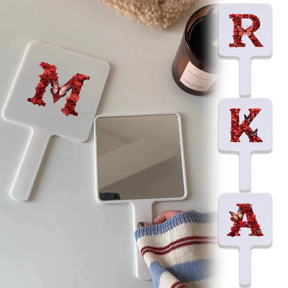 1pc Handheld Square Cosmetic Mirror With Red Rose Letter Durable Design Suitable For Daily Use Initial Name 26 Letters Pattern