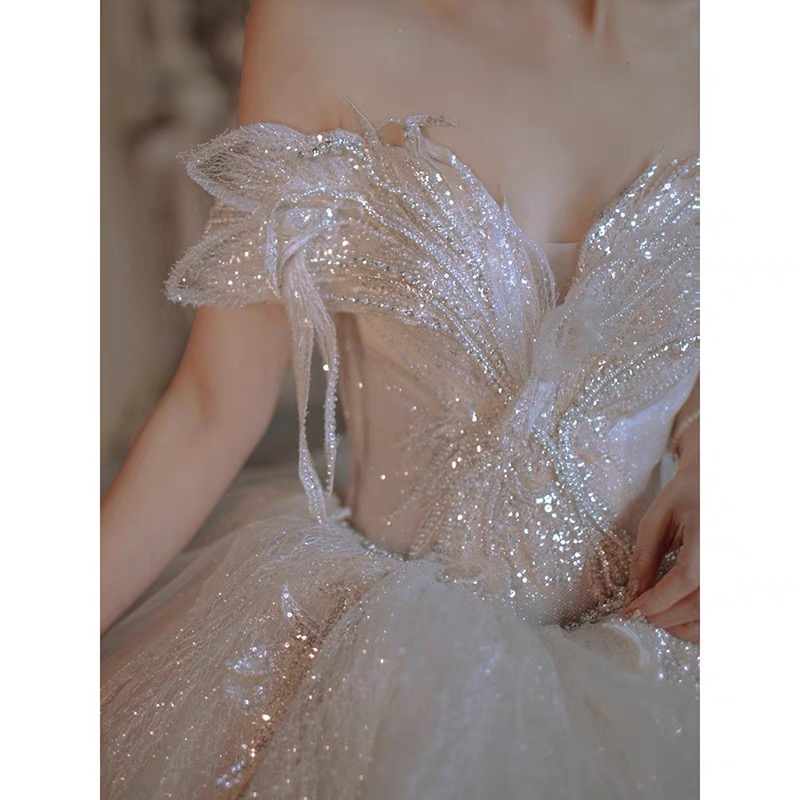 Luxury Wedding Dress Sequins Off the Shoulder Boat Neck V-Neck Shiny Crystal Sequined Embroidery Lace Tulle Princess Bridal Gown