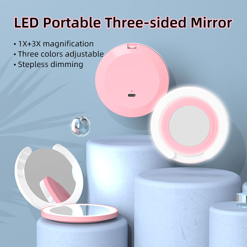 Portable 3-Side LED Makeup Mirror with 1X/3X Mag, USB Rechargeable Adjustable Brightness Single Light Li Battery for Travel/Home