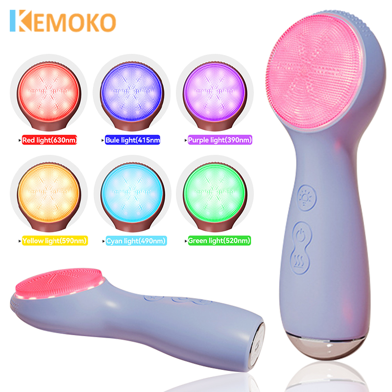 Silicone Facial Brush Cleaner 7 Colors Light Sonic Virbration Massage Heating Roller Massage Pore Cleansing Waterproof Beauty