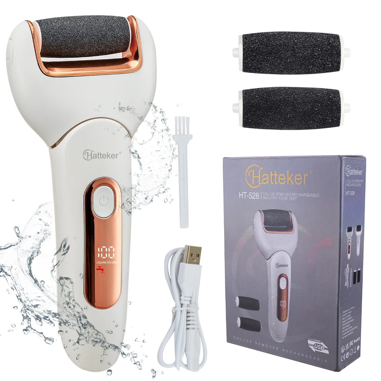 Hatteker Electric Foot File USB Rechargeable Callus Remover Pedicure Device Foot Care Tool for Heel Hard Skin Removal Waterproof