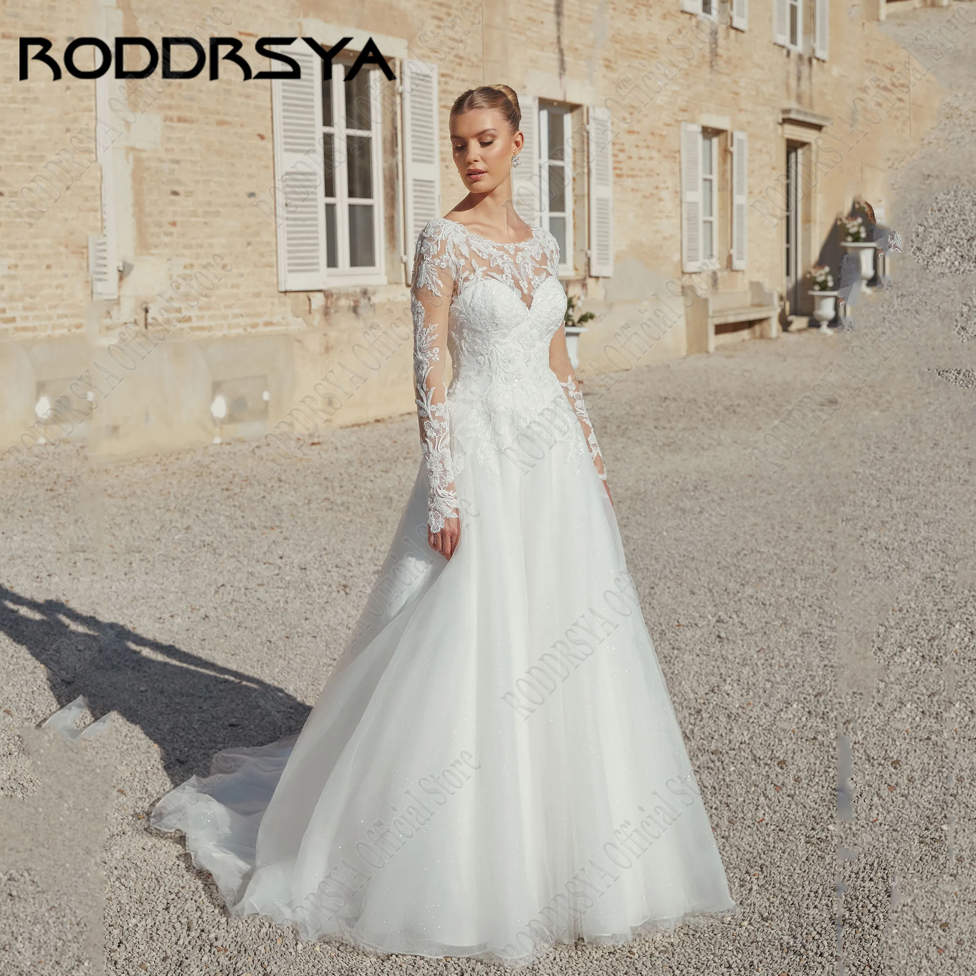 RODDRSYA Shiny A-Line Wedding Dress Long Sleeves Lace Applique Backless Bride Gowns Sweep Train Bridal Gown Vestidos De Novia
