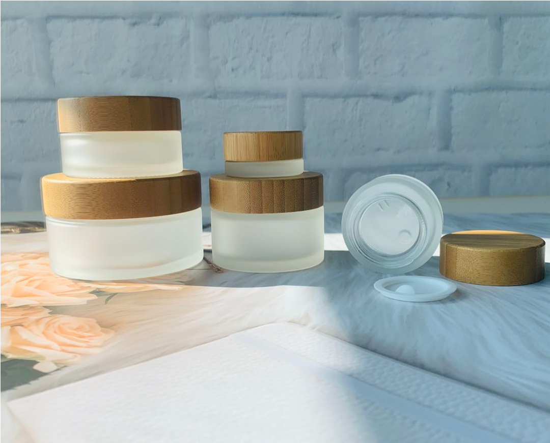 Empty Frosted Glass Skincare Cream Jars with Bamboo Lids 5g-200g Cosmetic Packaging Pots for Lotion Powder Ointment Foundation