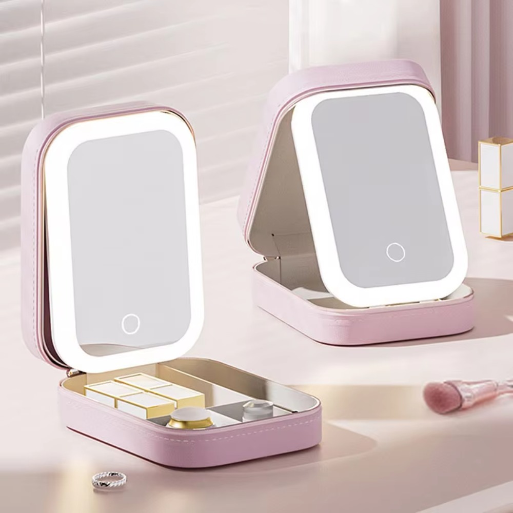 Mini LED Makeup Mirror USB Rechargeable Leather Case Jewelry Case Built-in LED Lights Foldable Cosmetic Storage Jewelry Storage