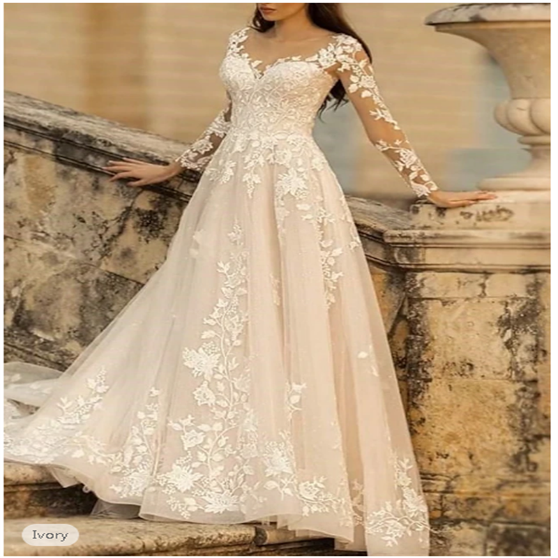 Beach Wedding Beach Formal Wedding Dresses A-Line V Neck Long Sleeve Sweep / Brush Train Lace Bridal Gowns With Flower Dress