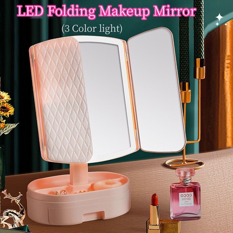 Rechargeable Tri-fold Mirror LED Lighting Dressing Table Makeup Mirror Portable Compact Desktop Vanity Mirror 2-3X Rotable