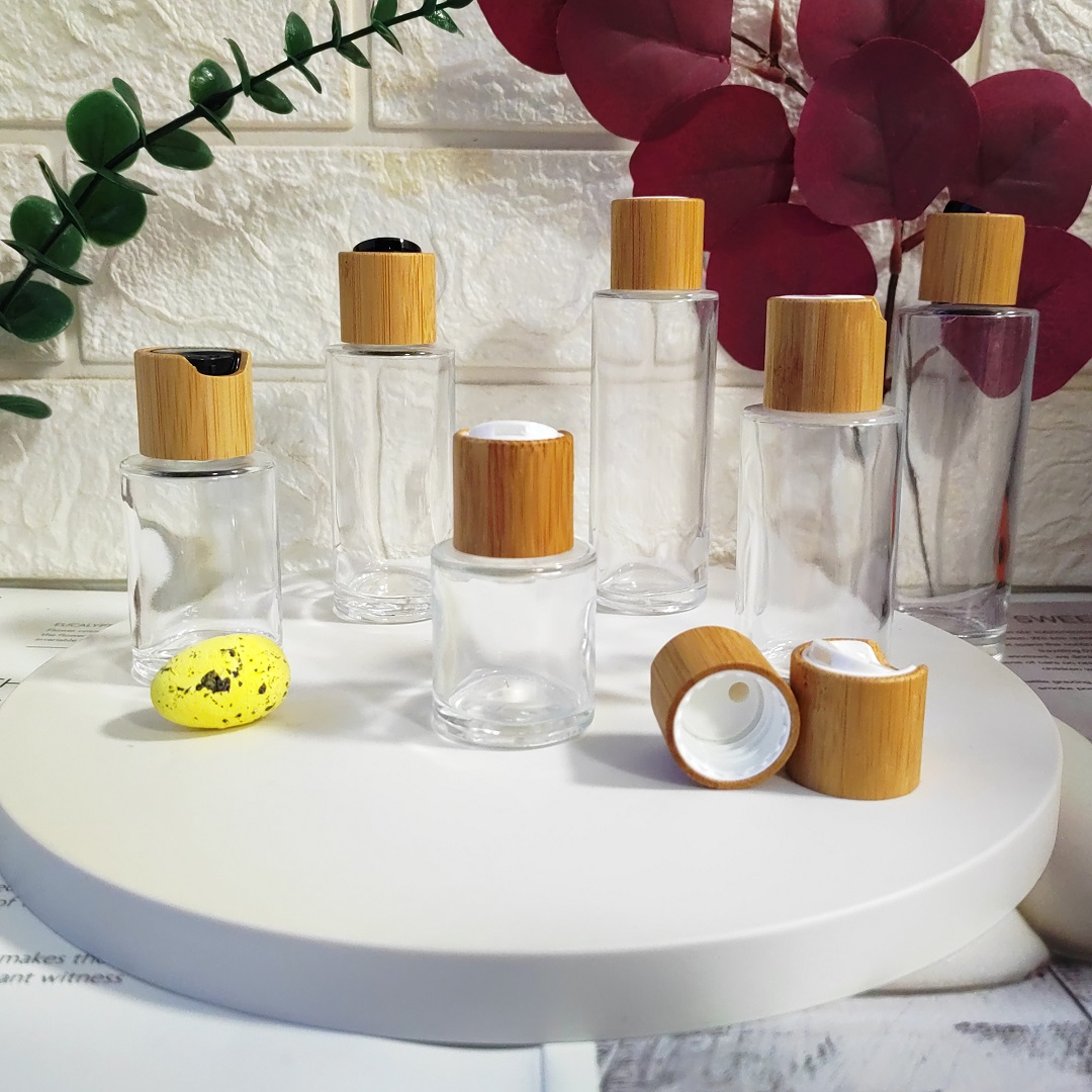 20/30/40/50/60/80/100/120ml Clear Flat Glass Liquid Serum Bottle with Bamboo Disc Top Cap & Bamboo Screw Cap Cosmetics Container
