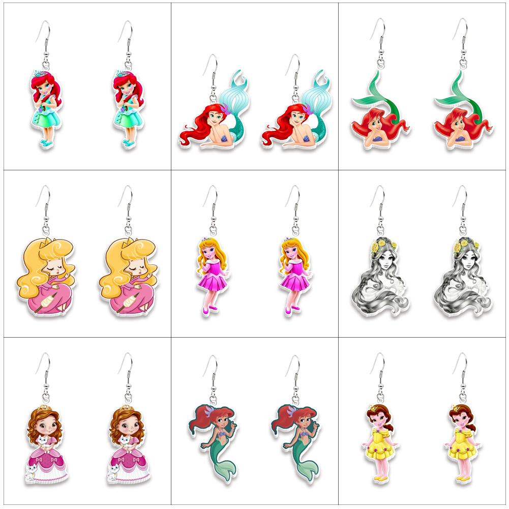 W Disney Mermaid Snow White Stud Earring Anime Jewelry Accessorie Alice Design Earrings Women Girl Kids Birthday Xmas Gift