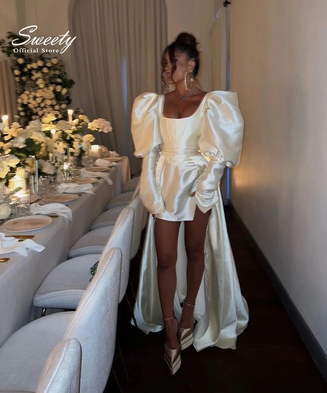 Romantic Wedding Dress Satin Lace On Net With A-Line Ball Gown Puff Sleeves Square Collar Bride Dress Customized Robe De Mariee